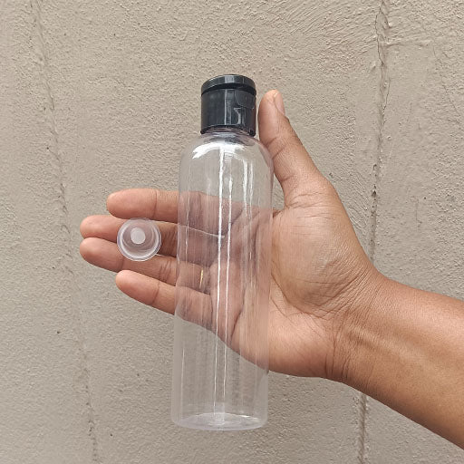 200 ml Round Transparent Bottle Black Flip Top Cap
